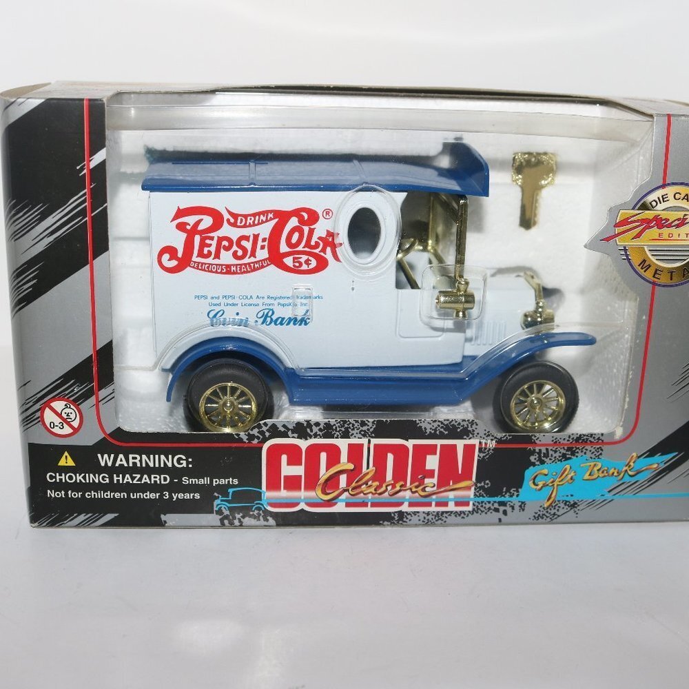 Golden diecasts Pepsi cola truck bank with key and box